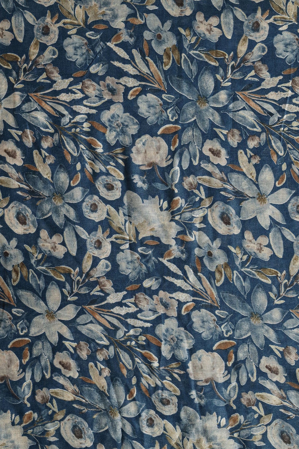 doeraa Prints White And Blue Floral Foil Print On Yale Blue Pure Mul Cotton Fabric