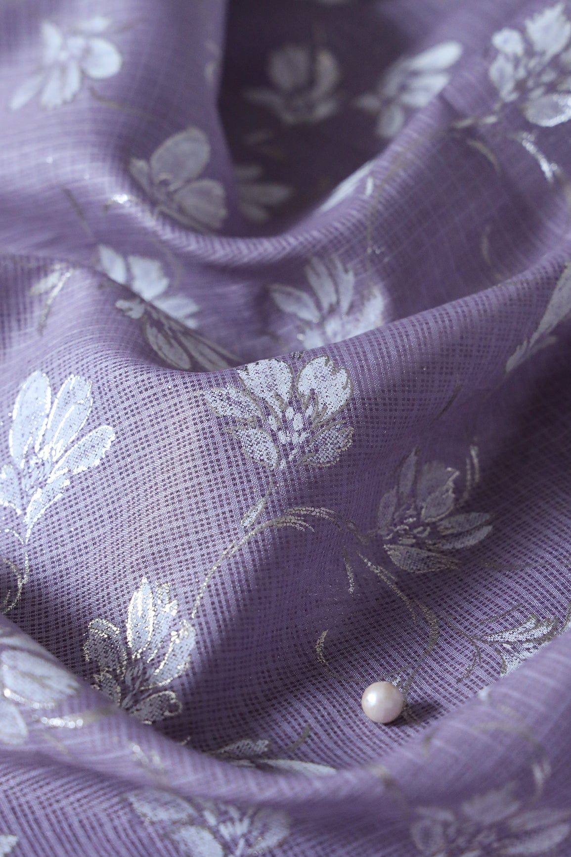 doeraa Prints White And Lavender Floral Foil Print Kota Doria Net Fabric