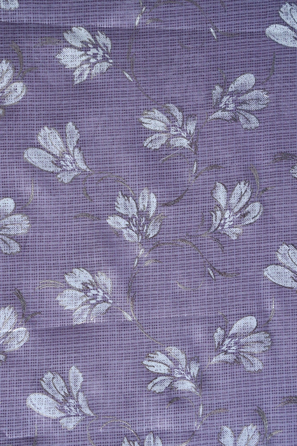 doeraa Prints White And Lavender Floral Foil Print Kota Doria Net Fabric