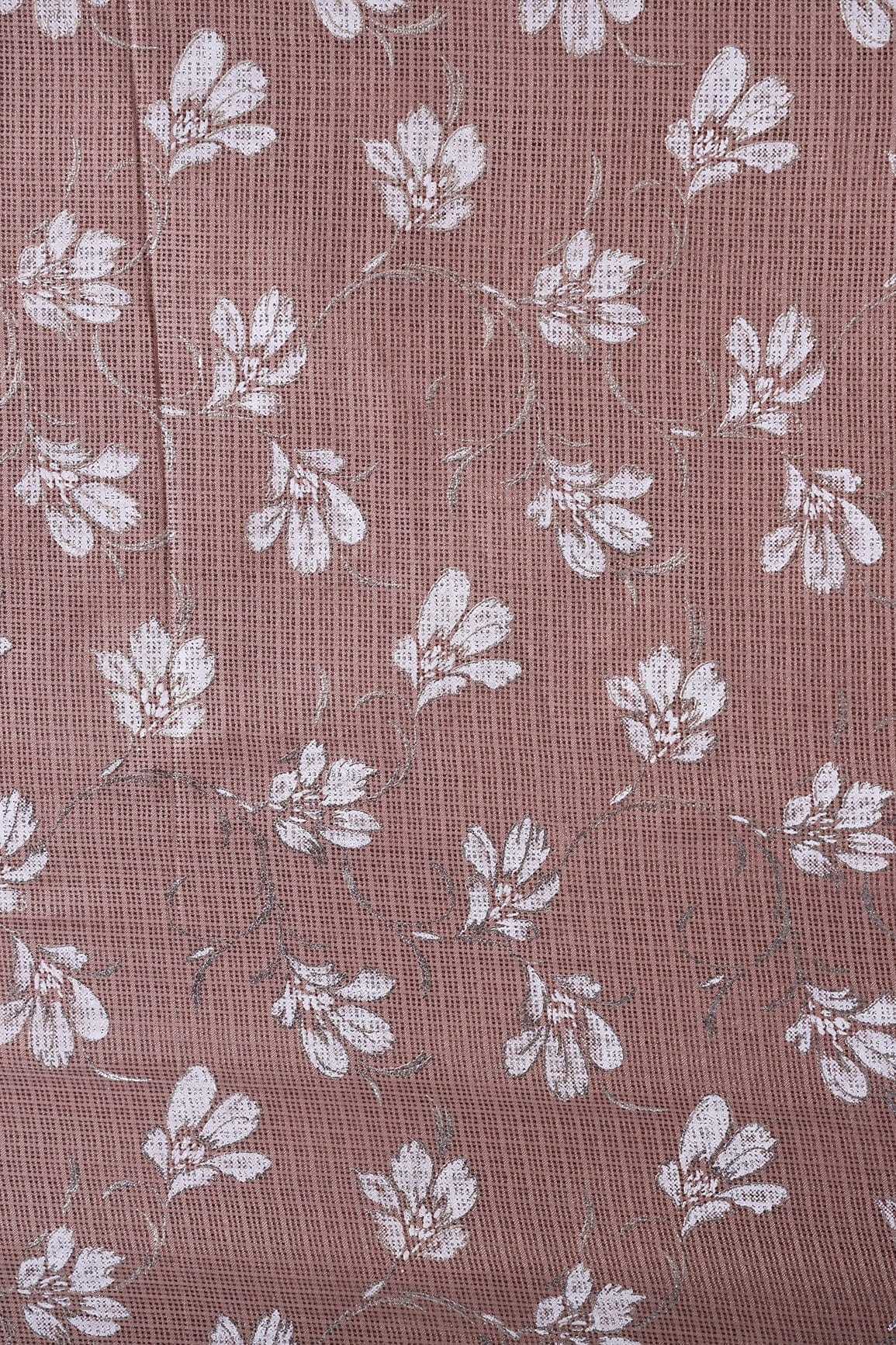 doeraa Prints White And Light Brown Floral Foil Print Kota Doria Net Fabric