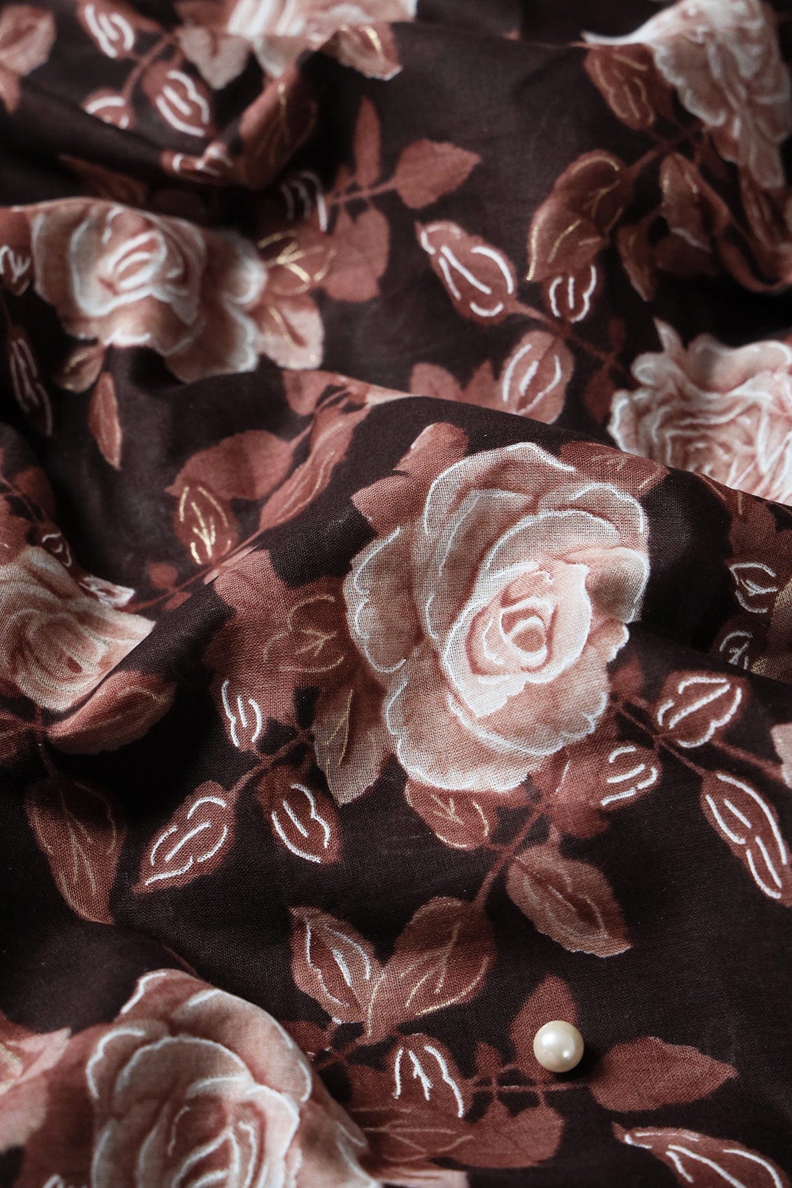 doeraa Prints White And Light Brown Floral Foil Print On Dark Brown Pure Mul Cotton Fabric