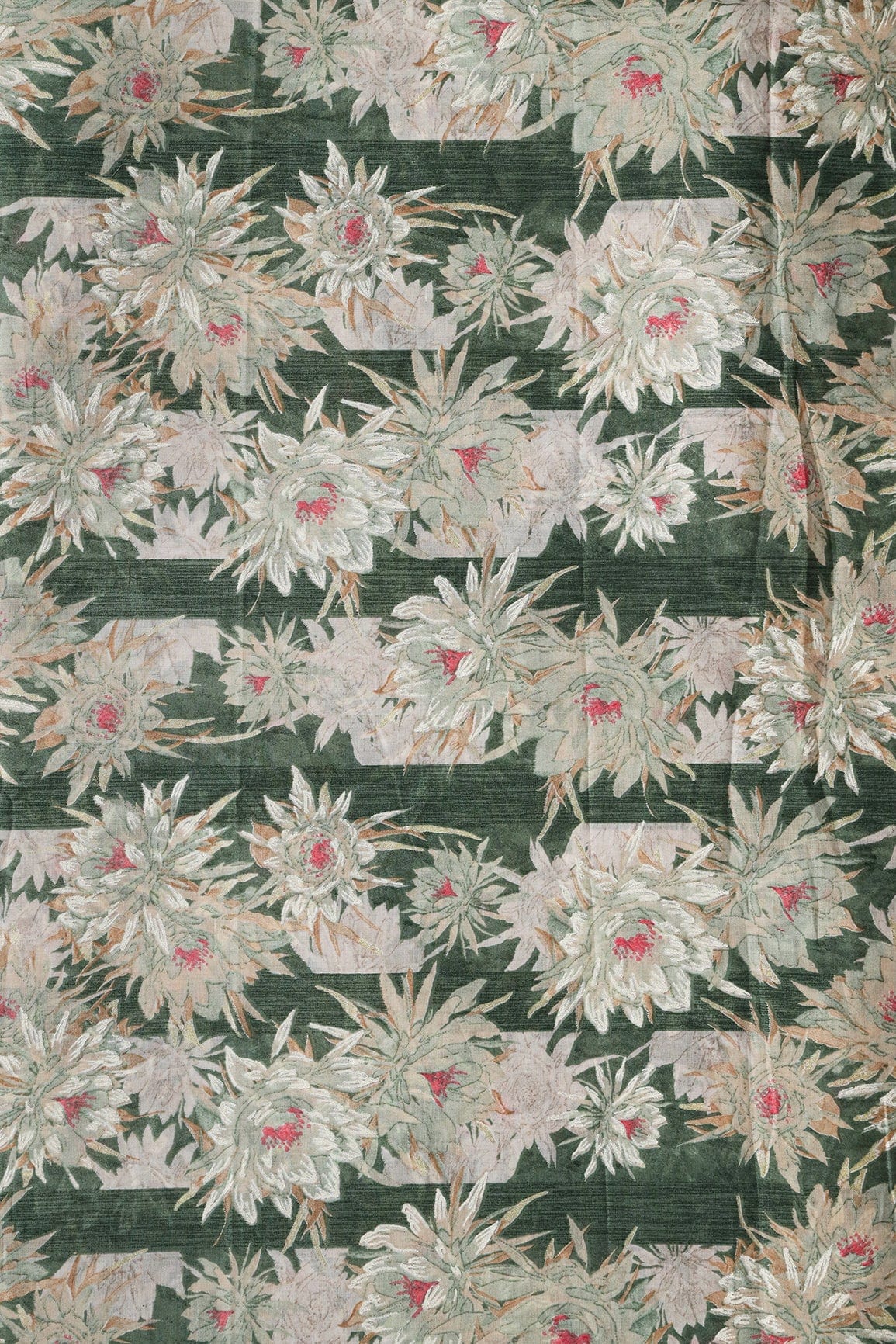 doeraa Prints White And Light Green Floral Foil Print On Green Pure Mul Cotton Fabric