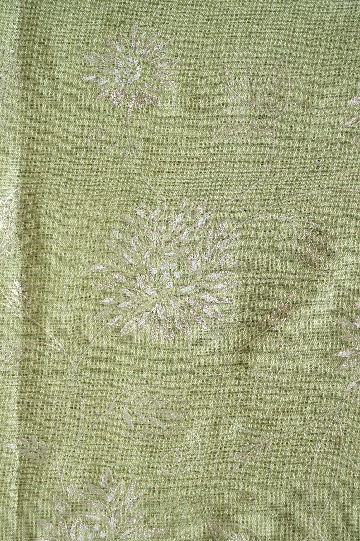doeraa Prints White And Olive Floral Foil Print Kota Doria Net Fabric