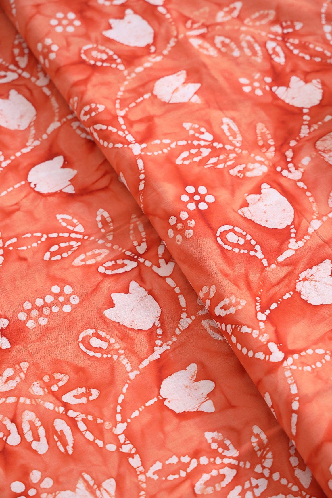 doeraa Prints White And Orange Floral Pattern Batik Handblock Organic Cotton Fabric