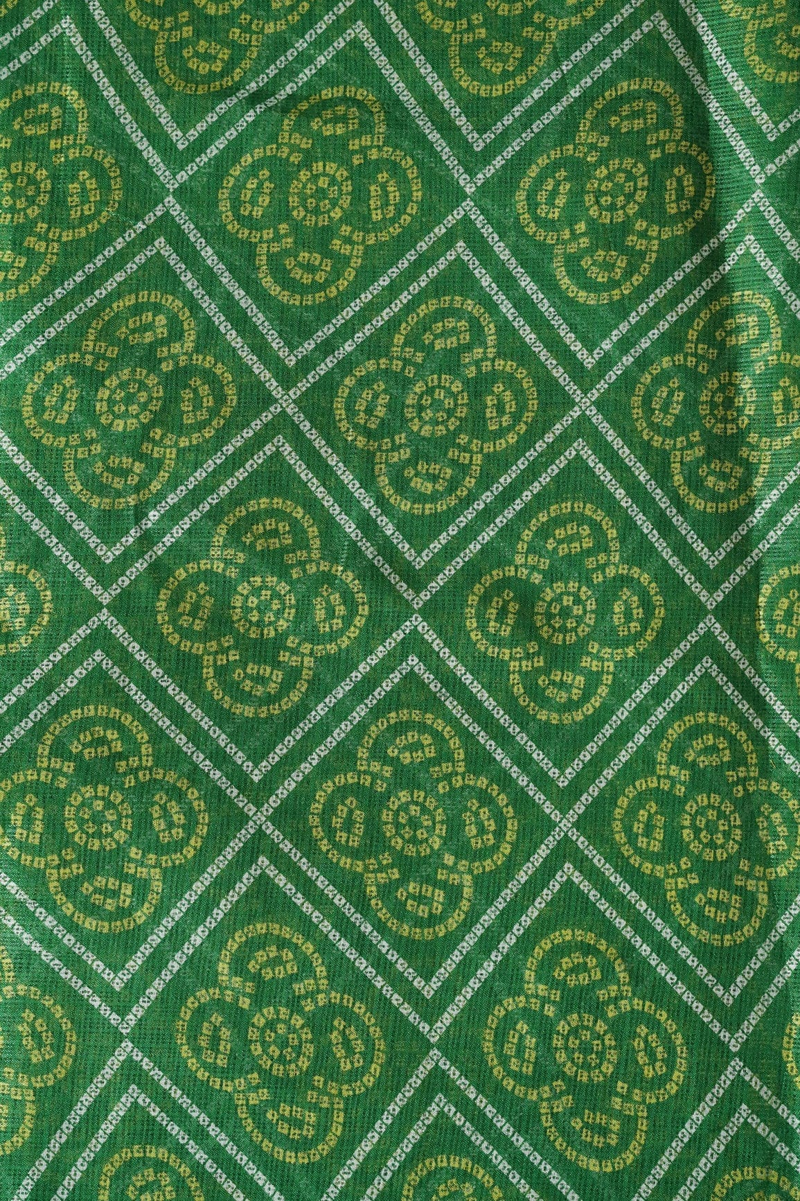 doeraa Prints White And Yellow Bandhani Print On Green Kota Doria Fabric