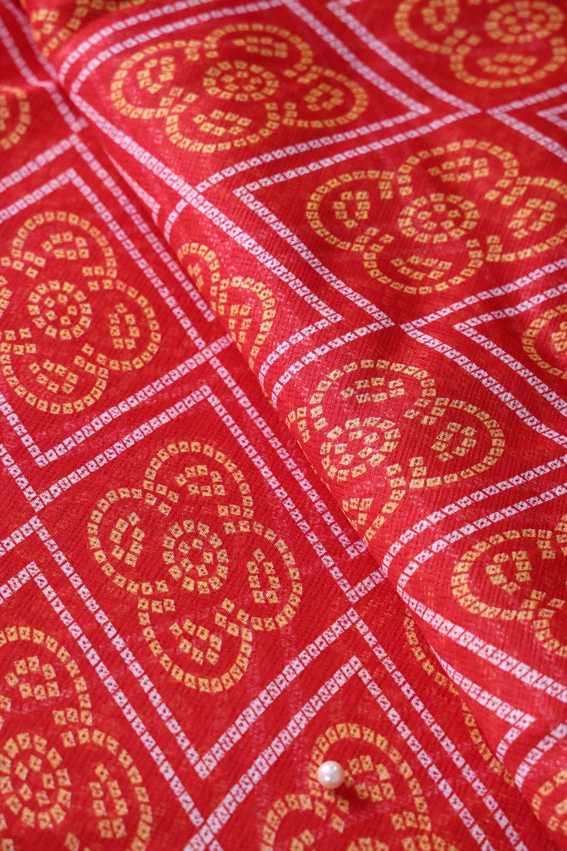 doeraa Prints White And Yellow Bandhani Print On Red Kota Doria Fabric