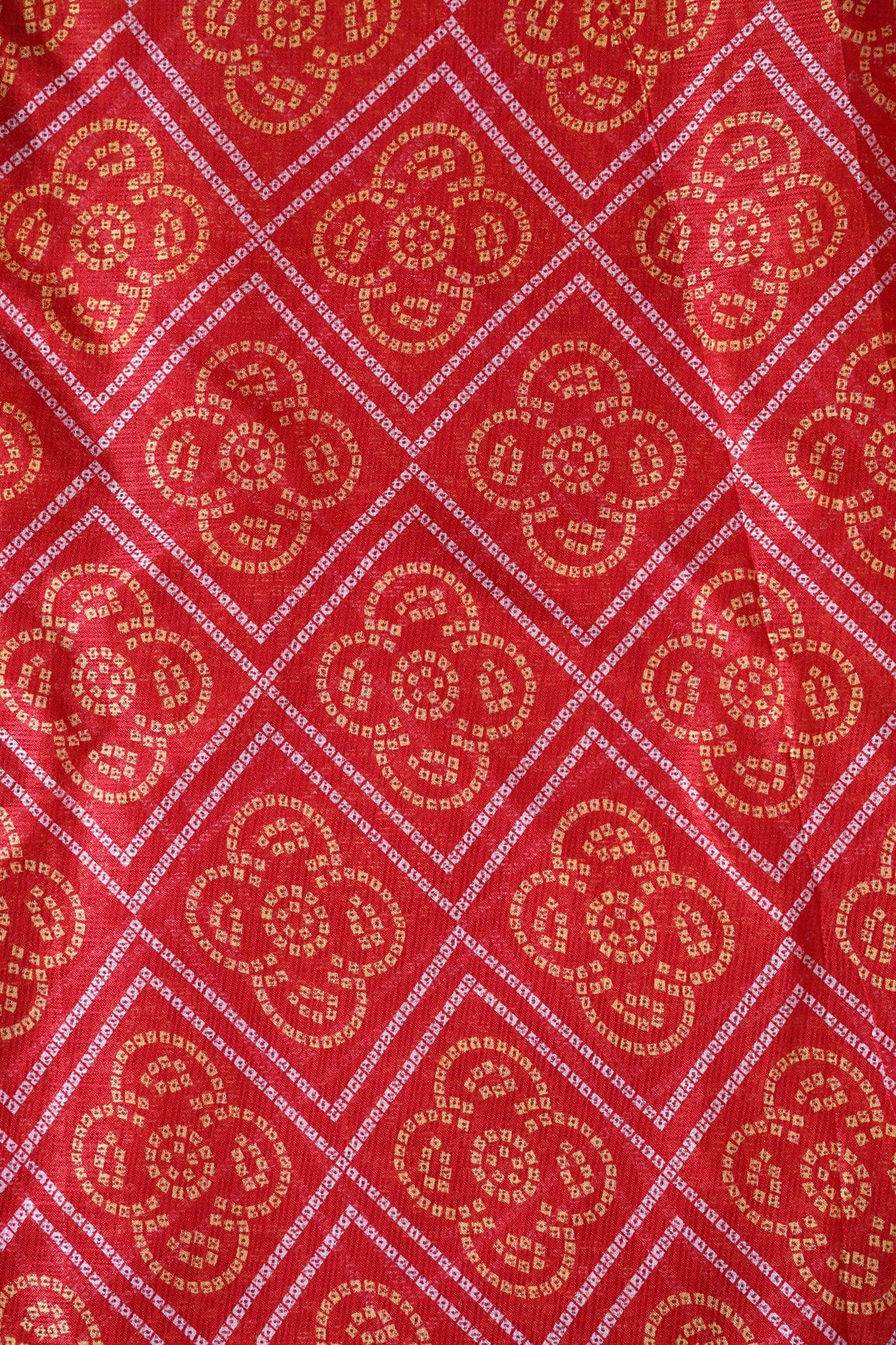 doeraa Prints White And Yellow Bandhani Print On Red Kota Doria Fabric