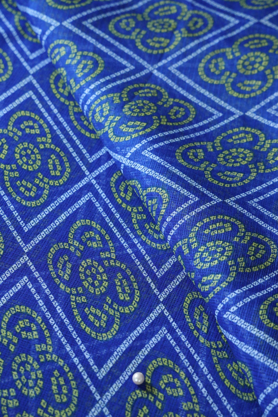 doeraa Prints White And Yellow Bandhani Print On Royal Blue Kota Doria Fabric