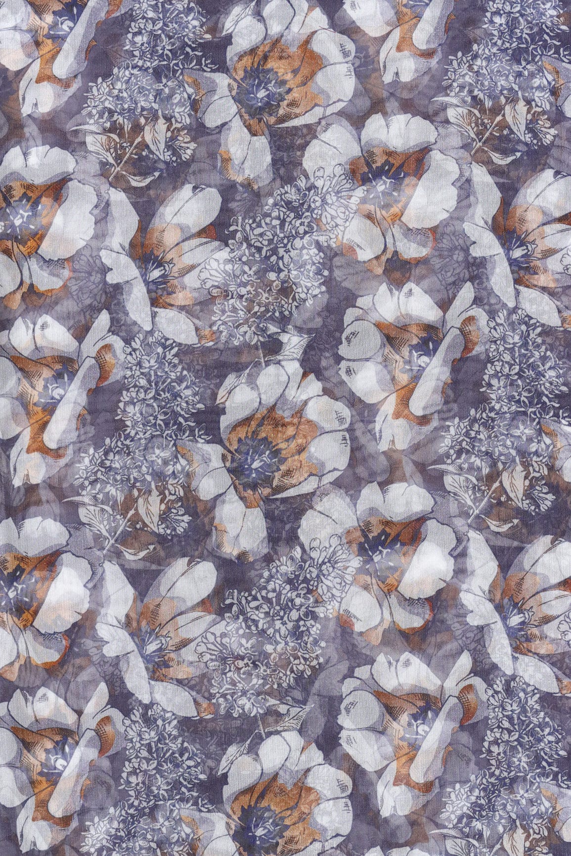 doeraa Prints White Beautiful Floral Digital Print On Pewter Grey Organza Fabric