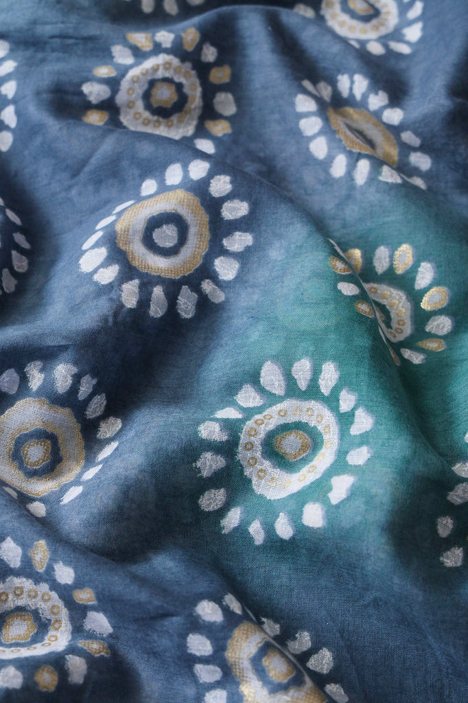 doeraa Prints White Floral With Foil Print On Blue Pure Mul Cotton Fabric