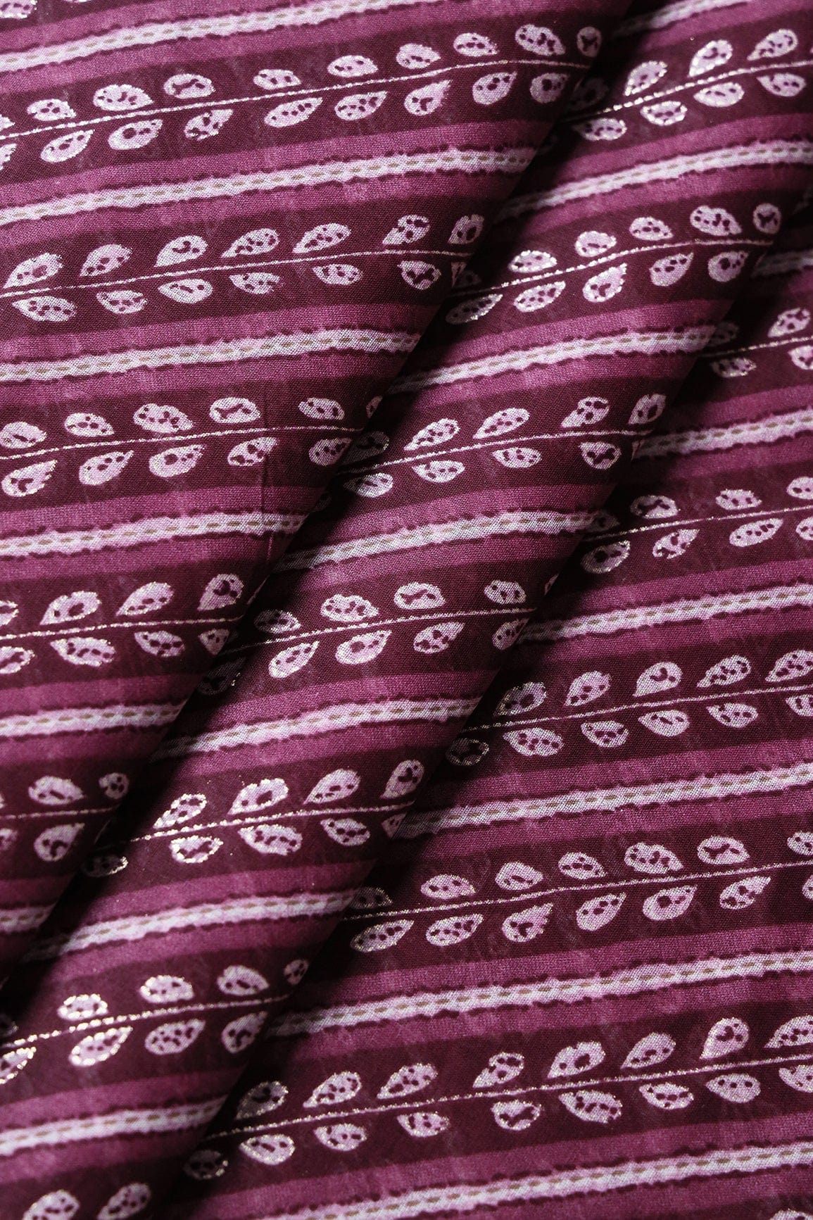 doeraa Prints White leafy Stripes Pattern With Foil Print On Purple Pure Mul Cotton Fabric