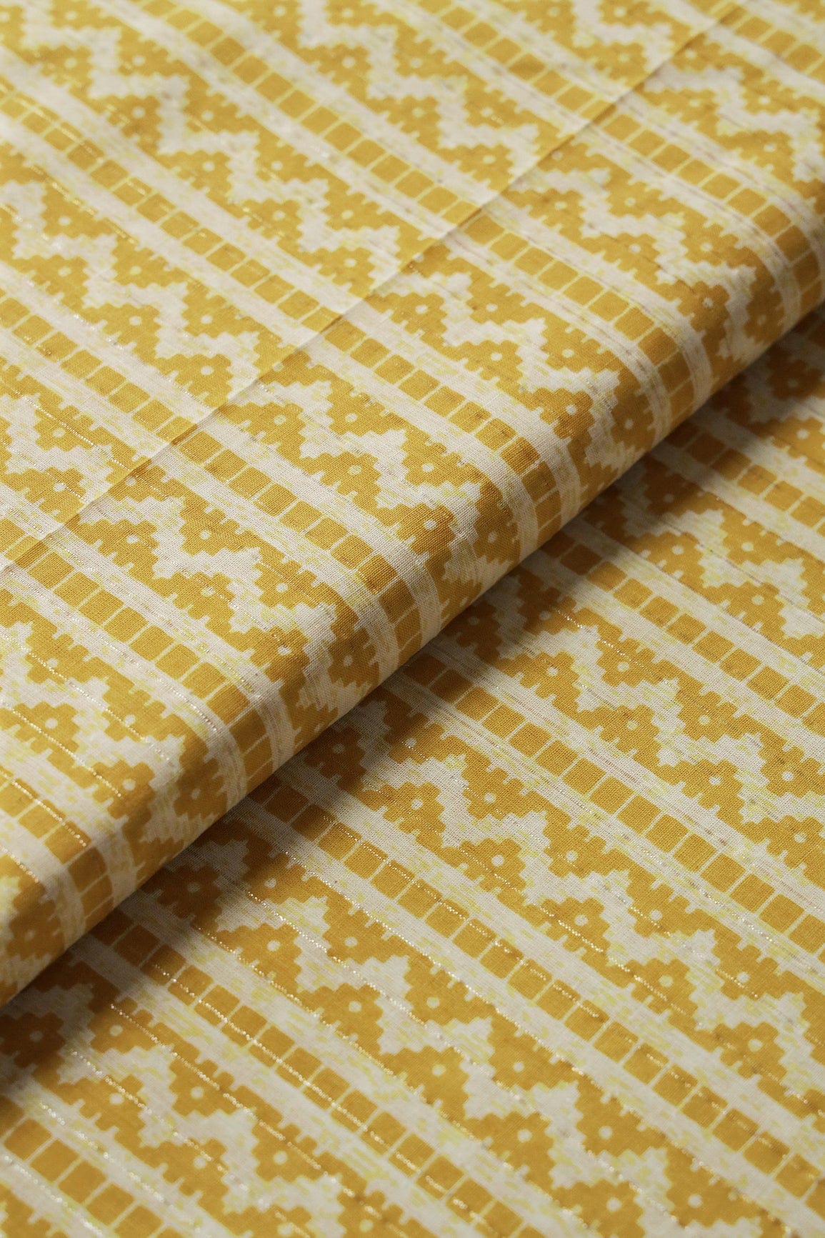 doeraa Prints Yellow And White Chevron Pattern Screen Print Lurex Organic Cotton Fabric