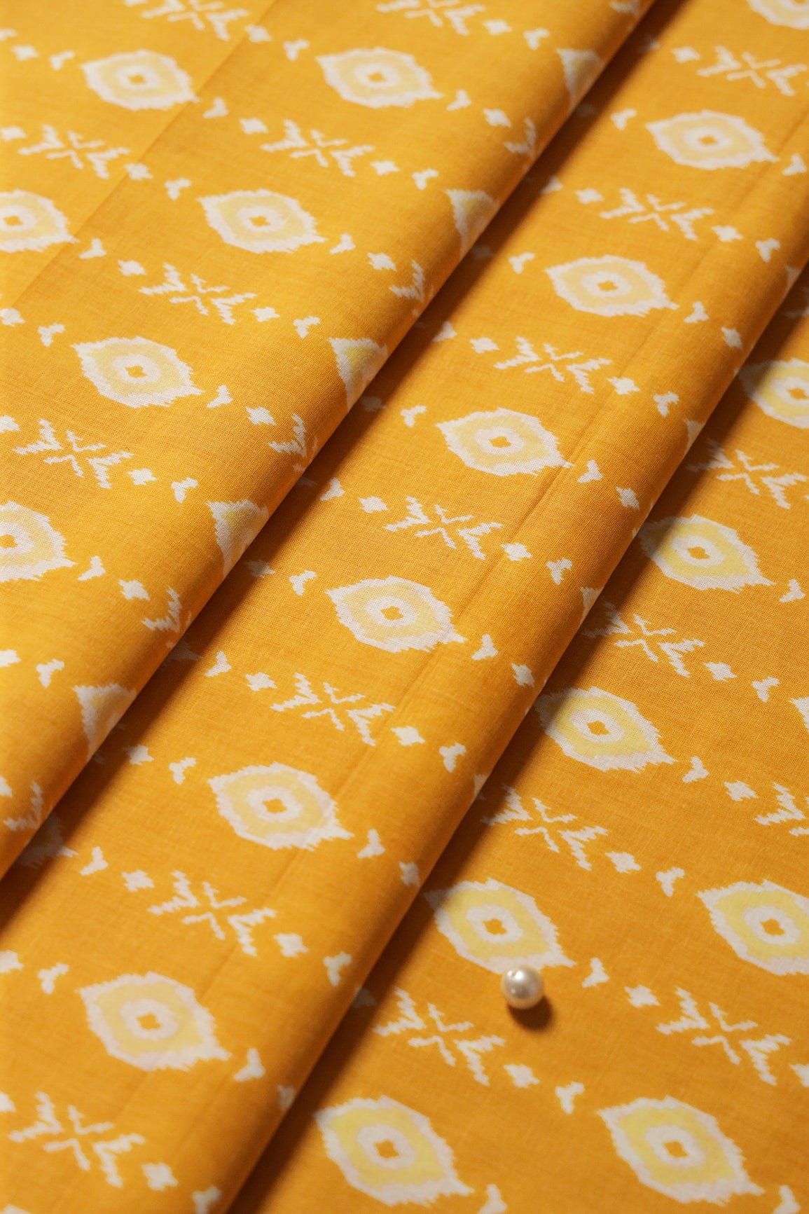 doeraa Prints Yellow And White Ikat Pattern Screen Print Organic Cotton Fabric