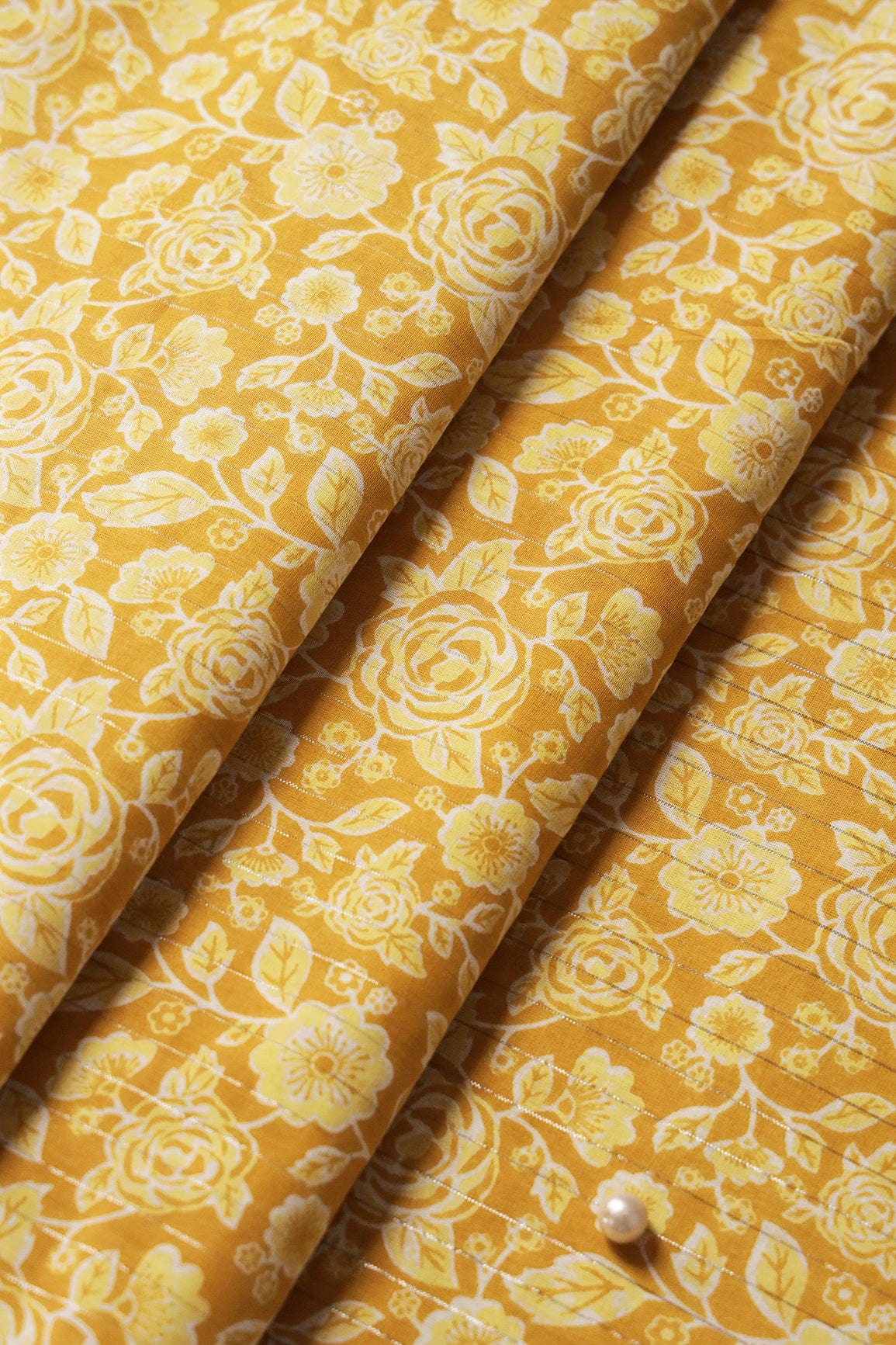 doeraa Prints Yellow Beautiful Floral Pattern Screen Print Lurex Organic Cotton Fabric