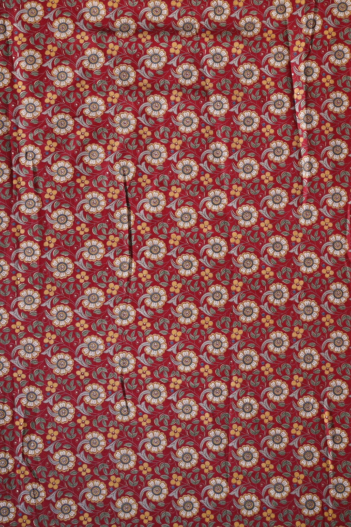 doeraa Prints Yellow Floral Pattern Foil Screen Print On Red Chanderi Silk Fabric