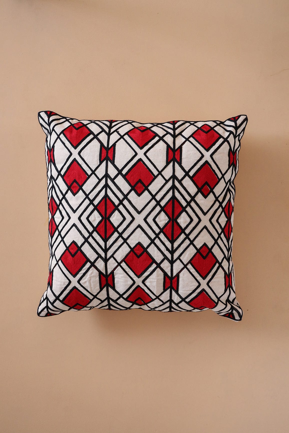 doeraa Red and Black Pattern Embroidery on off white cotton Cushion Cover (16*16 inches)