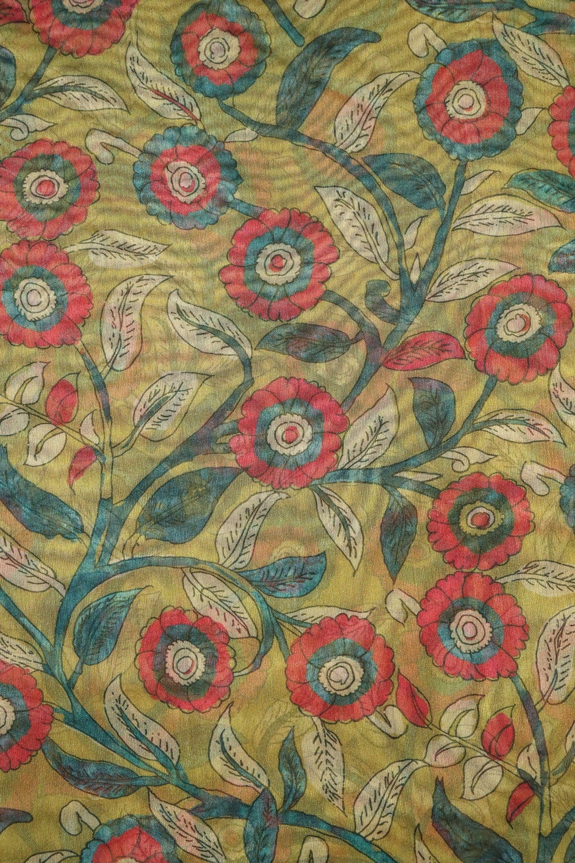 Red And Green Floral Digital Print On Mehendi Green Organza Fabric - doeraa