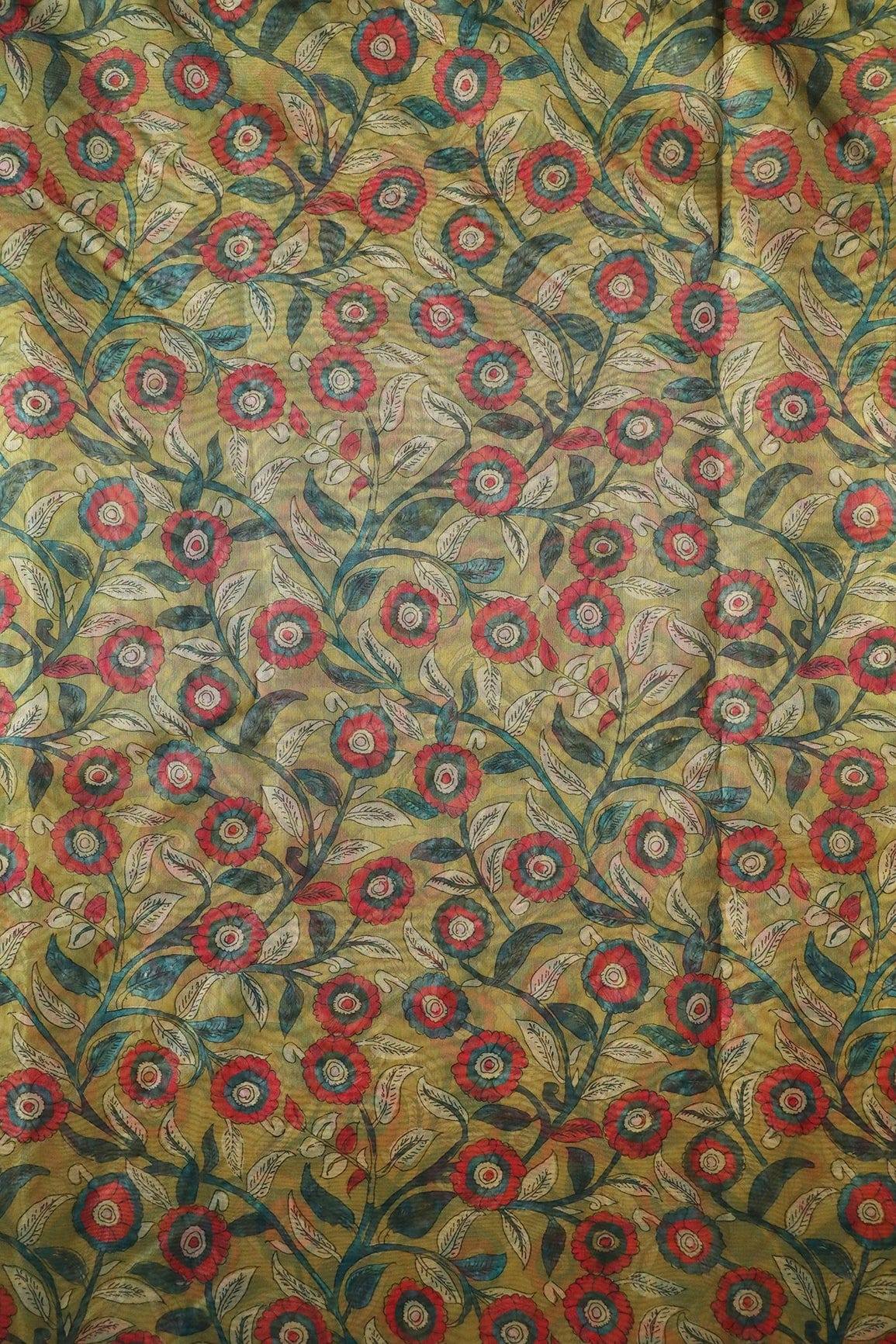 Red And Green Floral Digital Print On Mehendi Green Organza Fabric - doeraa