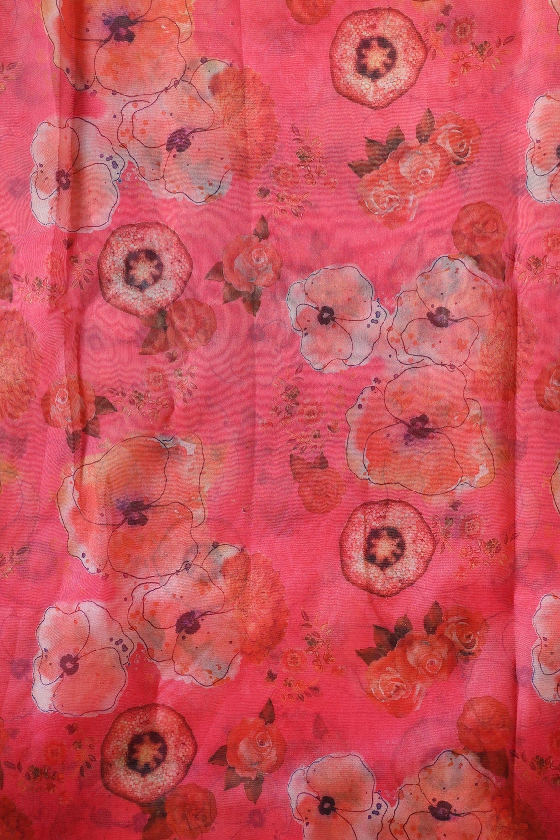 Red Beautiful Floral Digital Print On Dark Pink Organza Fabric - doeraa