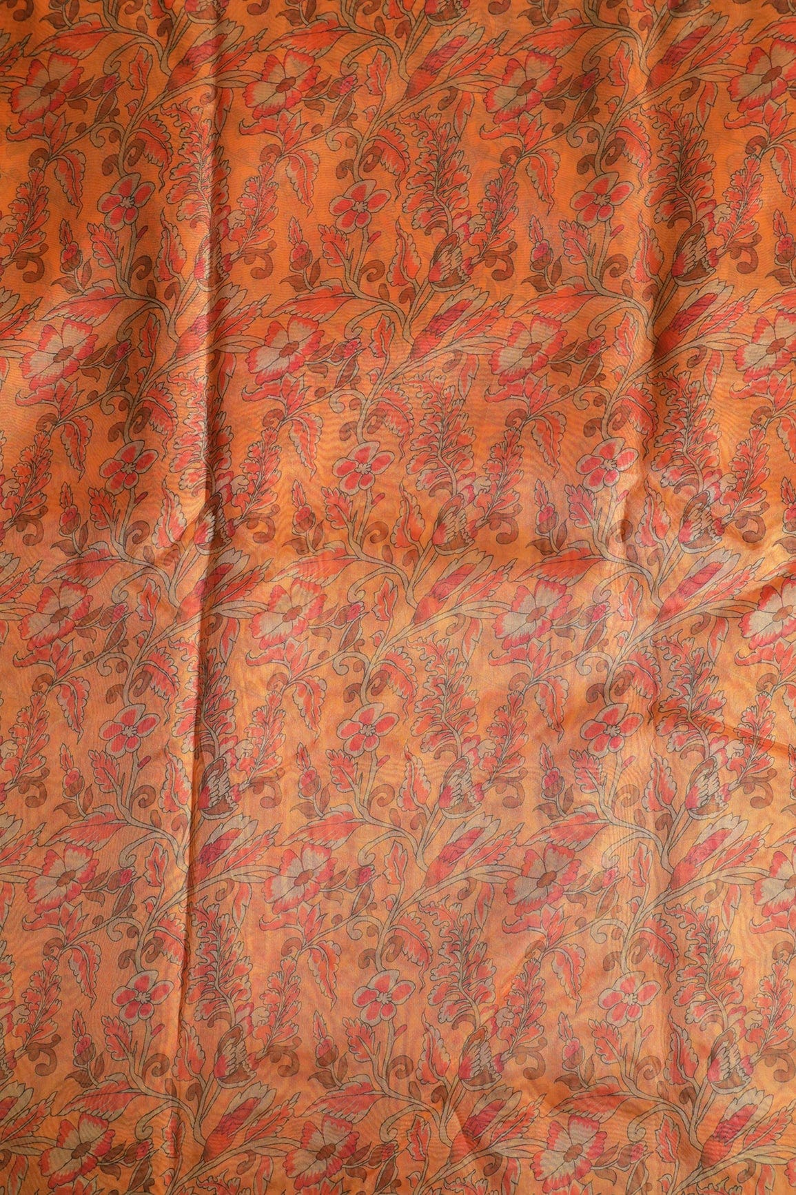 Red Floral Digital Print On Orange Organza Fabric - doeraa