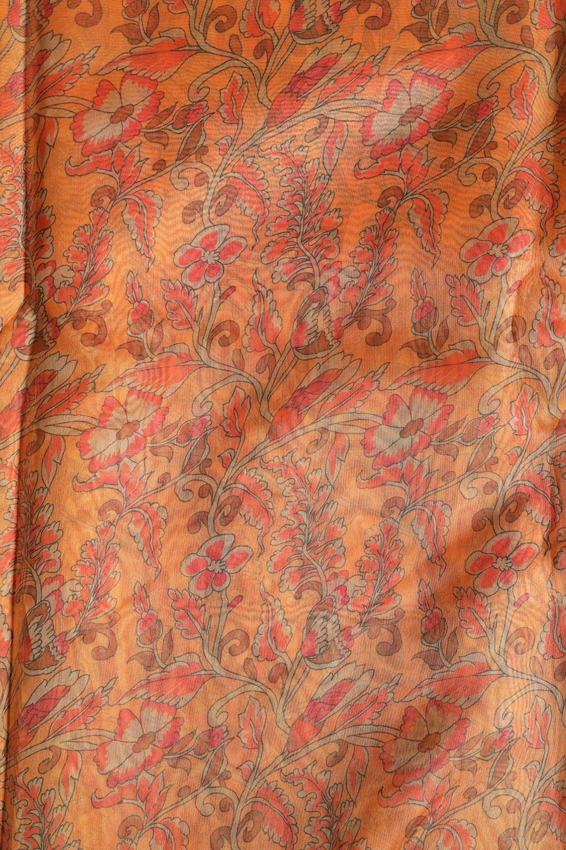 Red Floral Digital Print On Orange Organza Fabric - doeraa