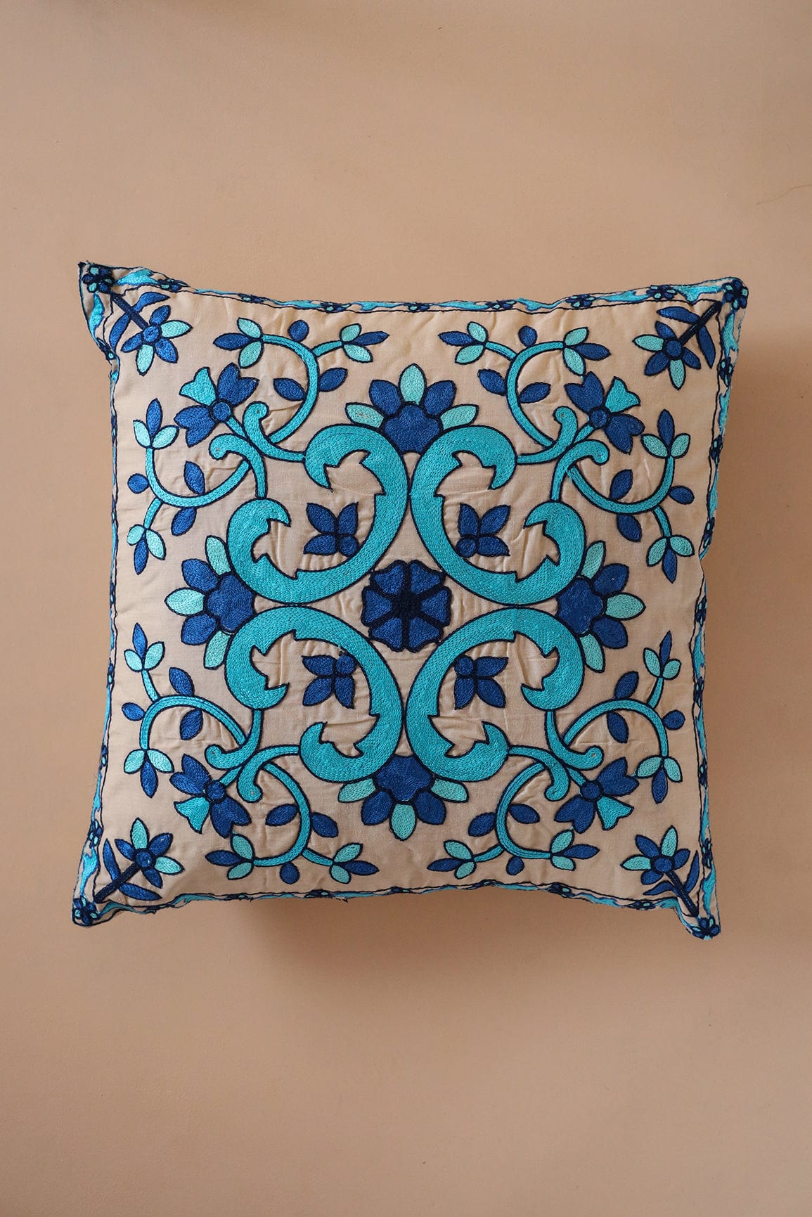 doeraa Royal Blue and Sky Blue Embroidery on off white cotton Cushion Cover (16*16 inches)