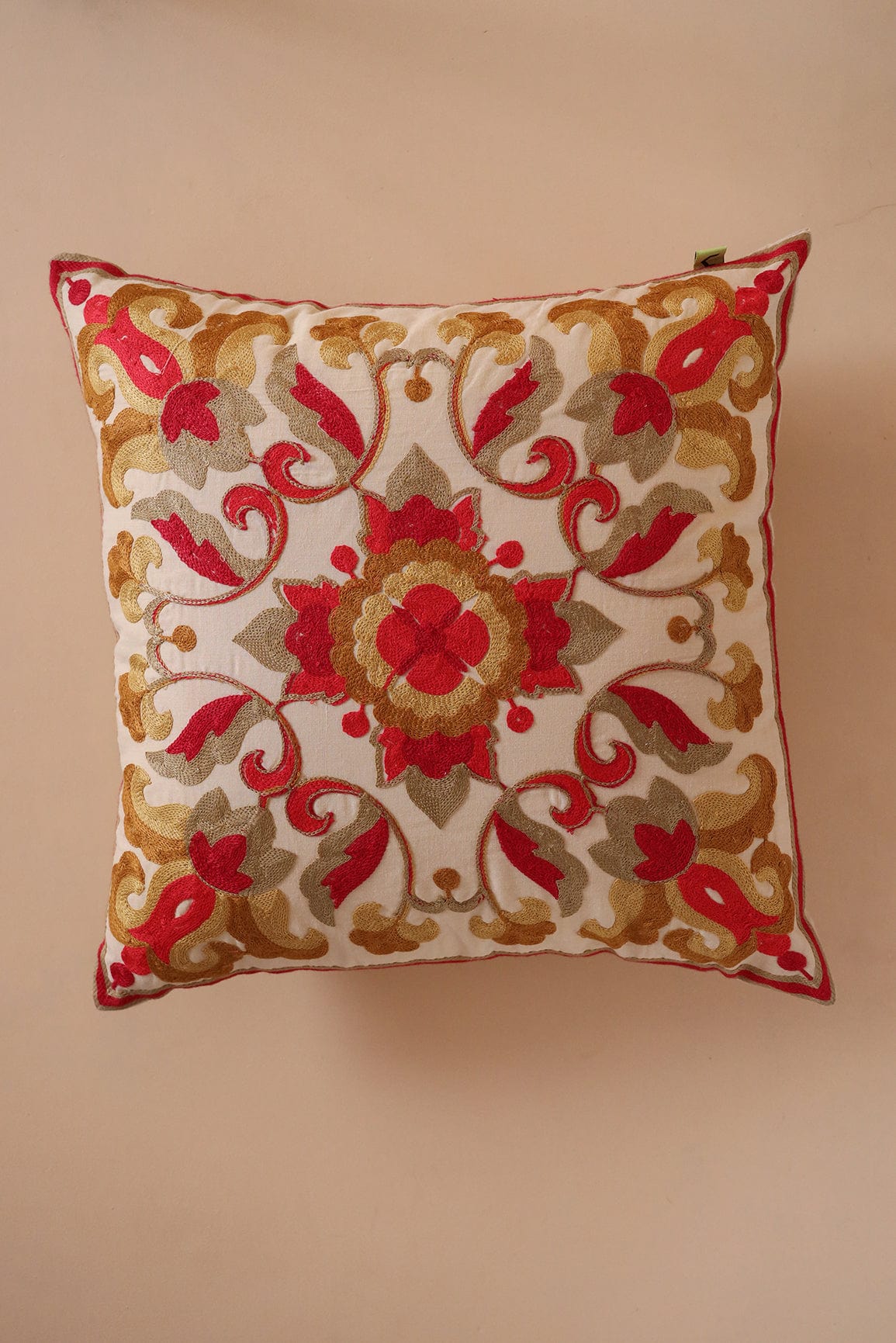 doeraa Royal Red and Gold Embroidery on off white cotton Cushion Cover (16*16 inches)