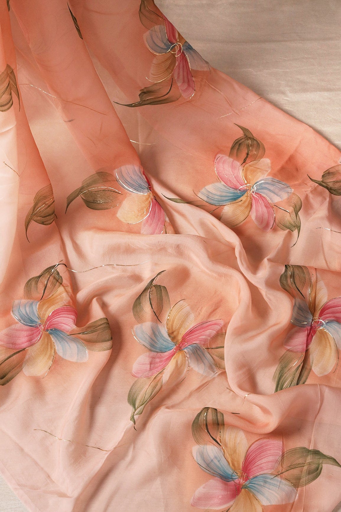 doeraa Saree Beautiful Multicolor Floral Hand Painted With Foil Work On Peach Pure Organza Saree ( 5.5 Meters)