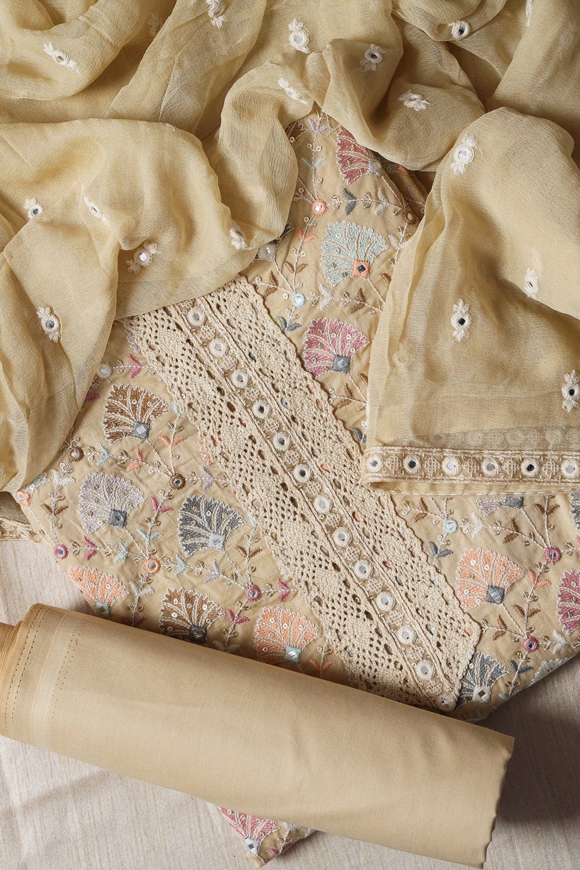 doeraa Semi Stitched Beige Semi Stitched Pure Cotton Suit Set (3 piece)