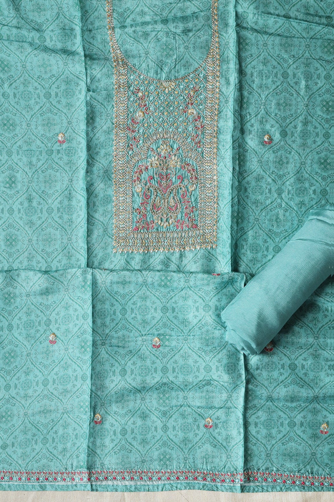 doeraa Semi Stitched Blue Breeze Semi Stitched Pure Dola Silk Suit Set (3 piece)