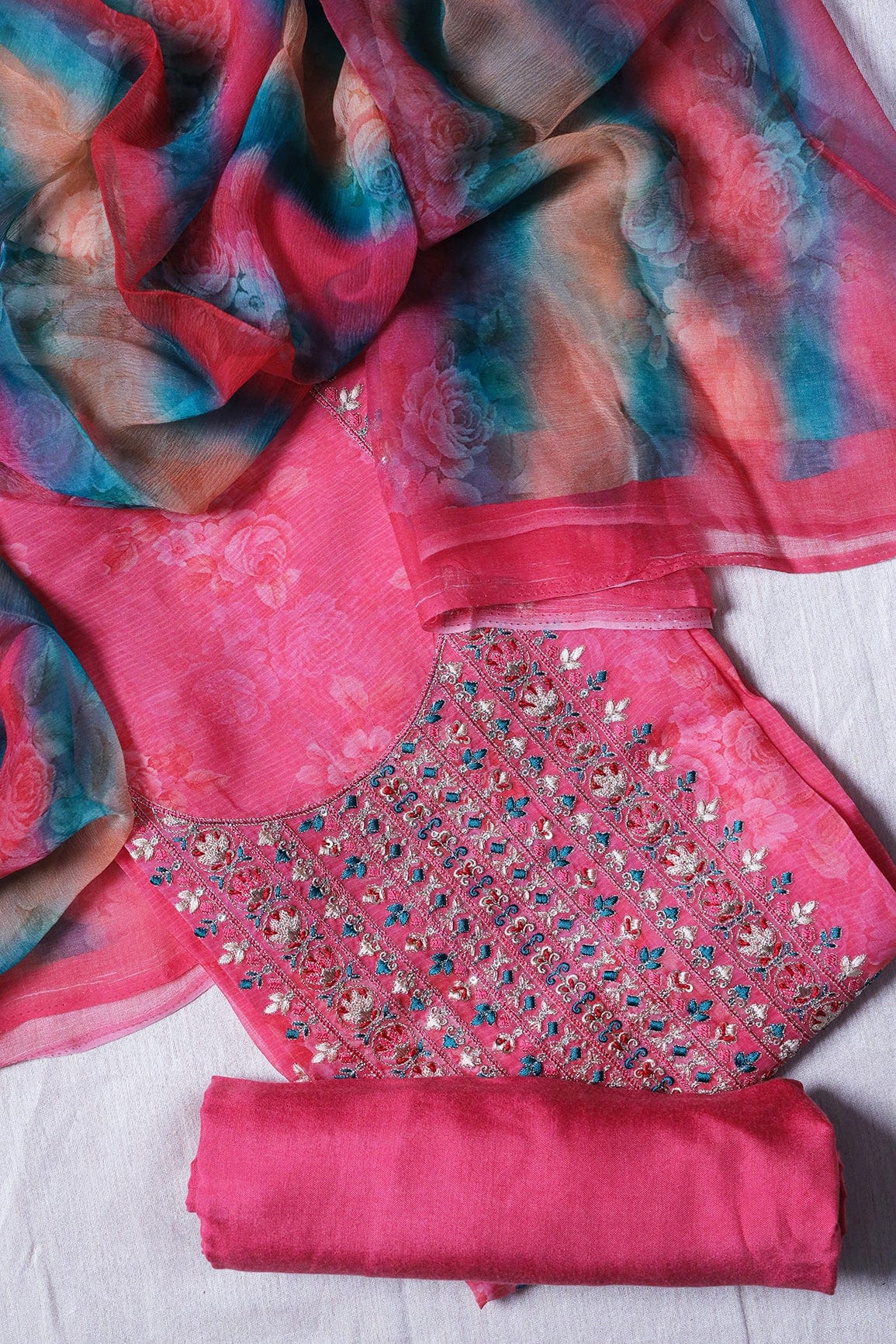 doeraa Semi Stitched Dark Pink Semi Stitched Pure Organza Suit Set (3 piece)