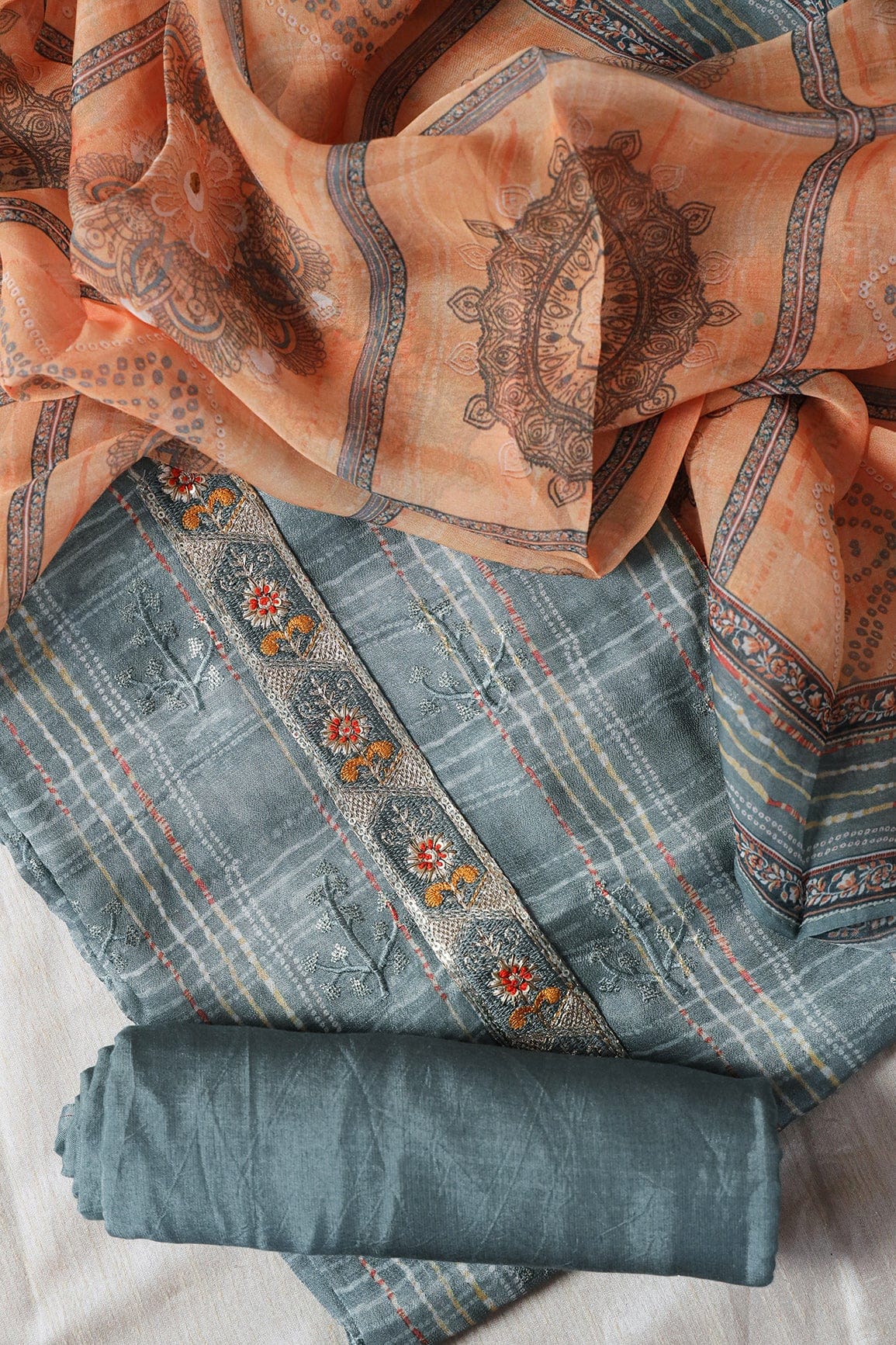 doeraa Semi Stitched Grey Semi Stitched Pure Crepe Silk Suit Set (3 piece)