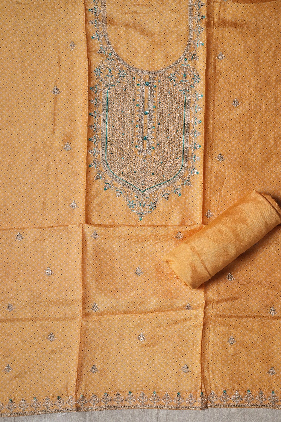 doeraa Semi Stitched Mango Yellow Semi Stitched Pure Dola Silk Suit Set (3 piece)