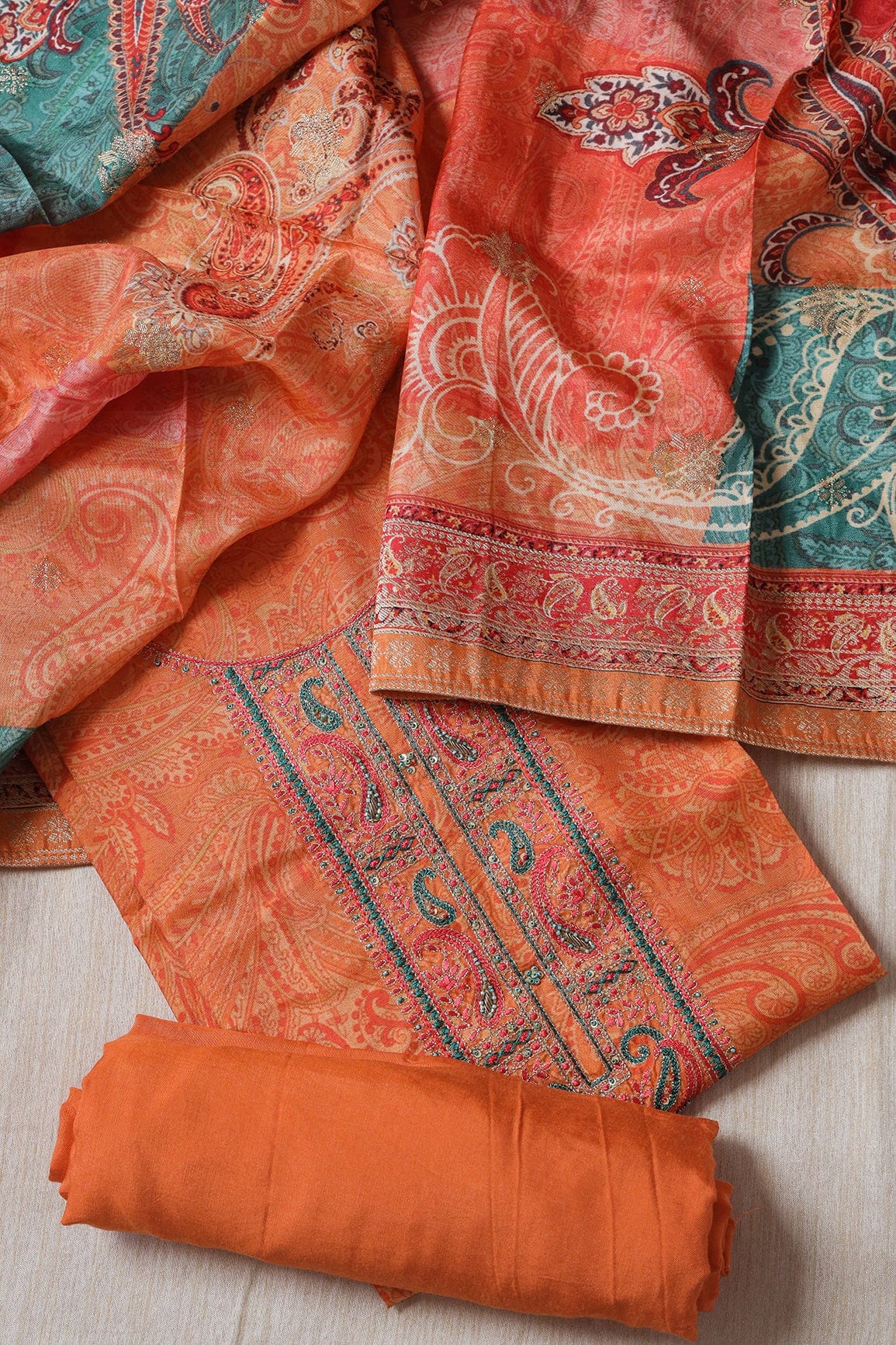 doeraa Semi Stitched Orange Semi Stitched Pure Dola Silk Suit Set (3 piece)