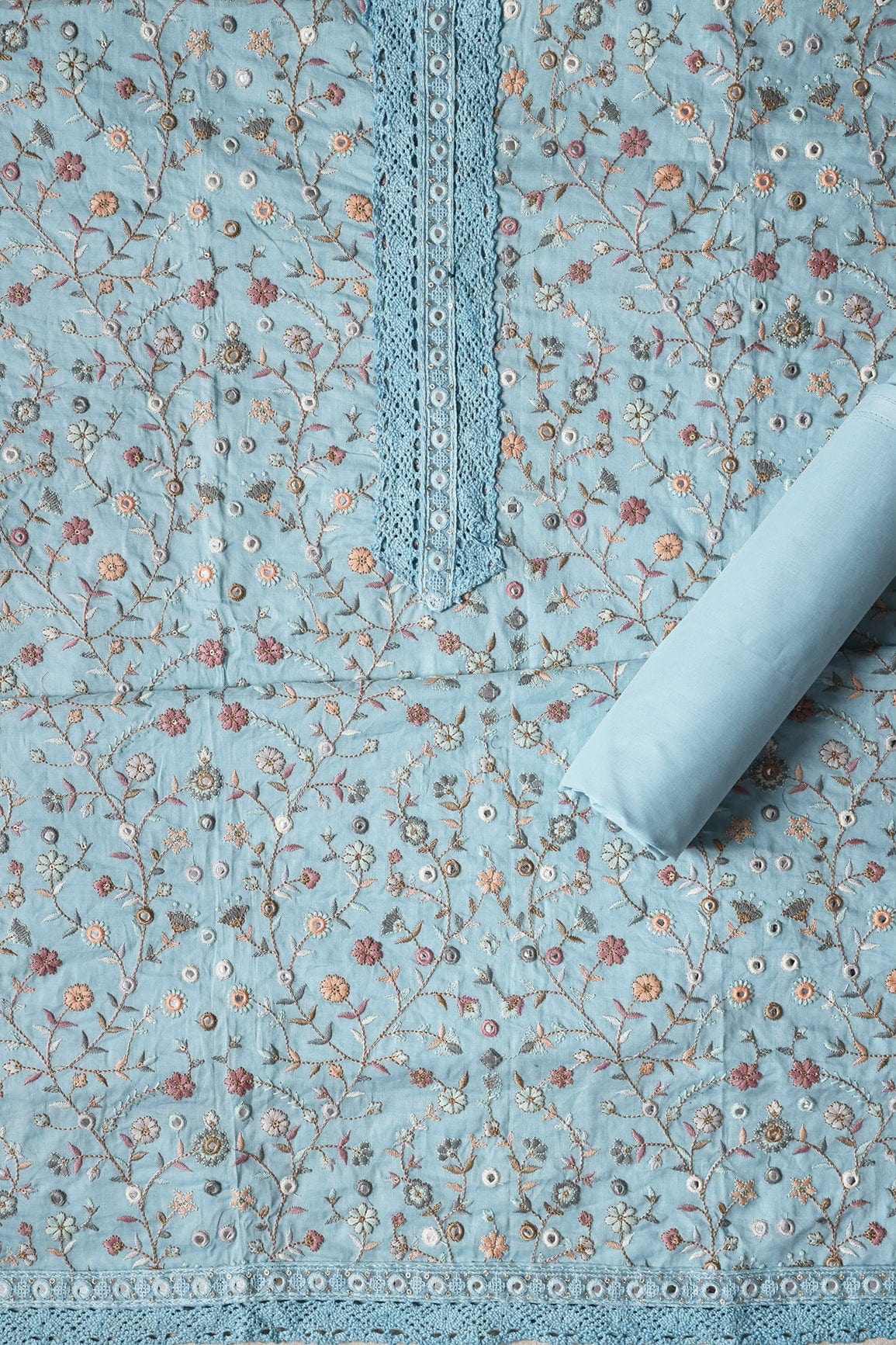 doeraa Semi Stitched Pastel Blue Semi Stitched Pure Cotton Suit Set (3 piece)