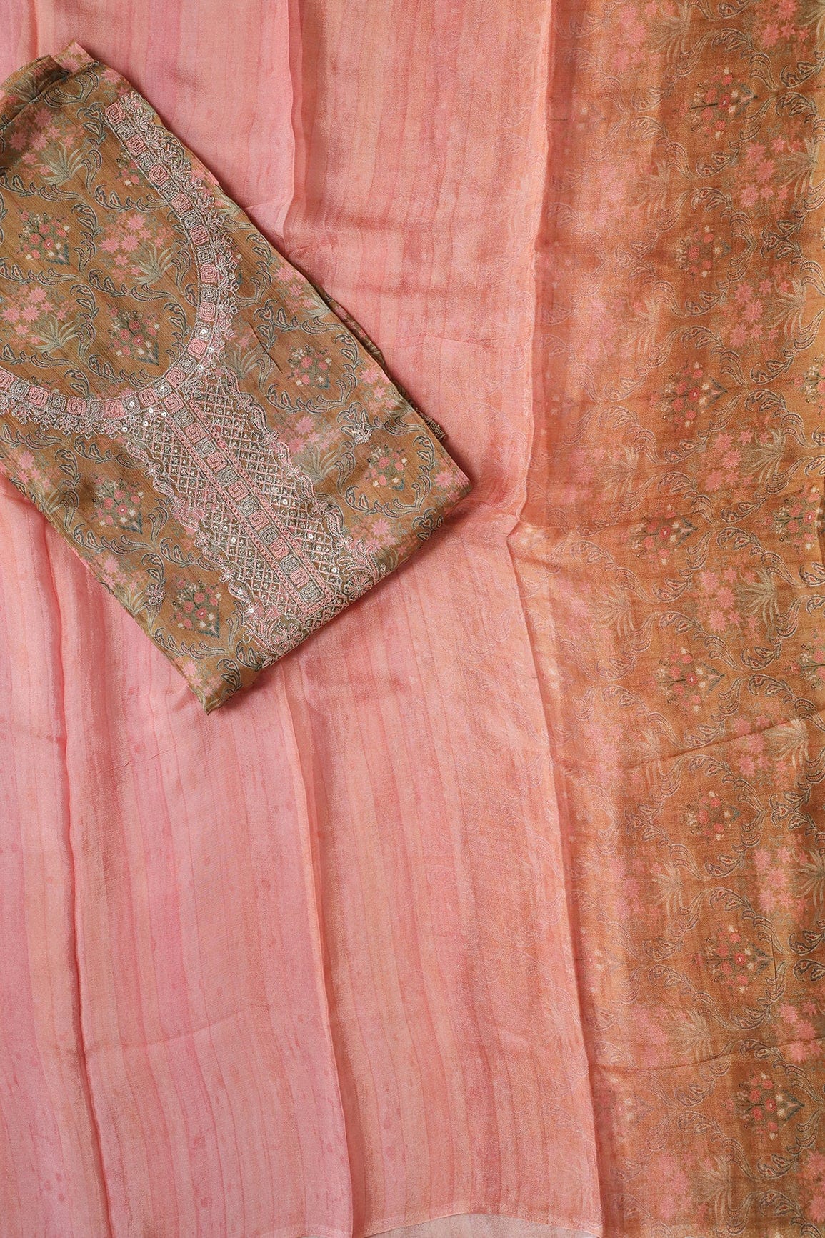 doeraa Semi Stitched Peanut Brown Semi Stitched Pure Chinnon Suit Set (3 piece)