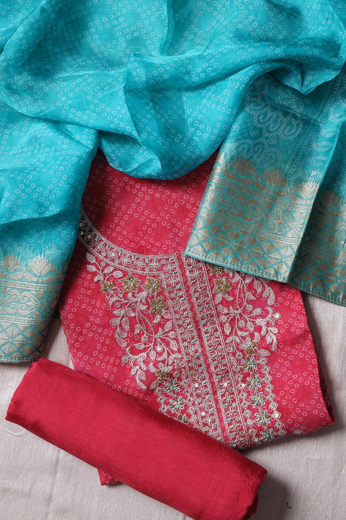 doeraa Semi Stitched Pink Semi Stitched Pure Organza Suit Set (3 piece)