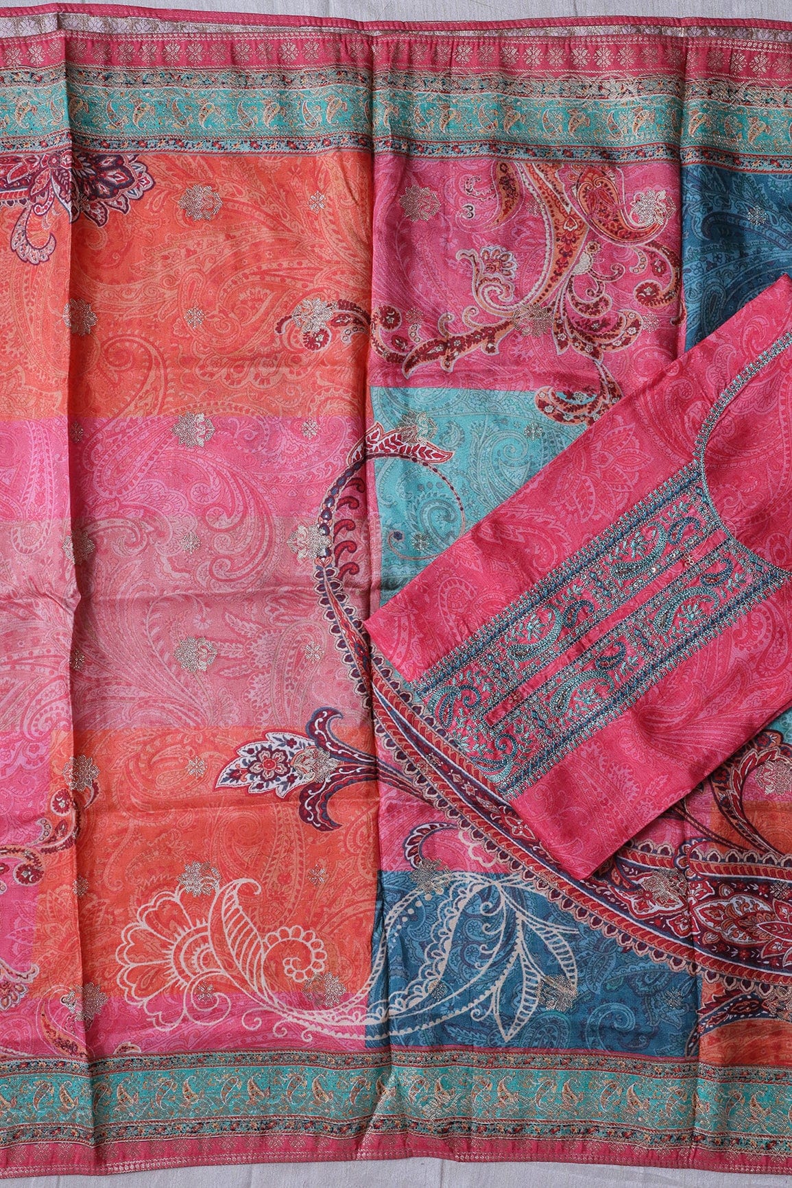 doeraa Semi Stitched Punch Pink Semi Stitched Pure Dola Silk Suit Set (3 piece)