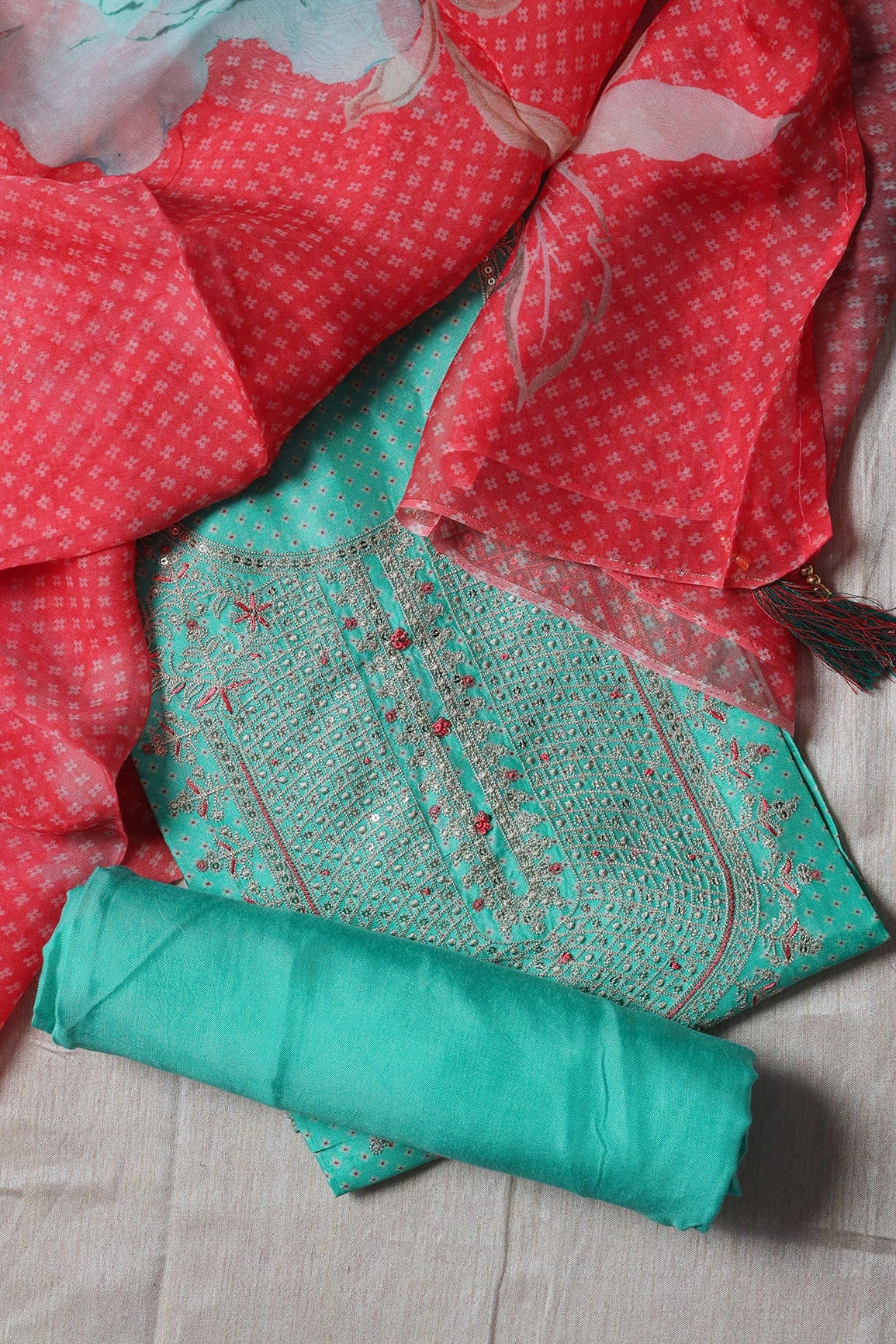doeraa Semi Stitched Seafoam Green Semi Stitched Pure Dola Silk Suit Set (3 piece)