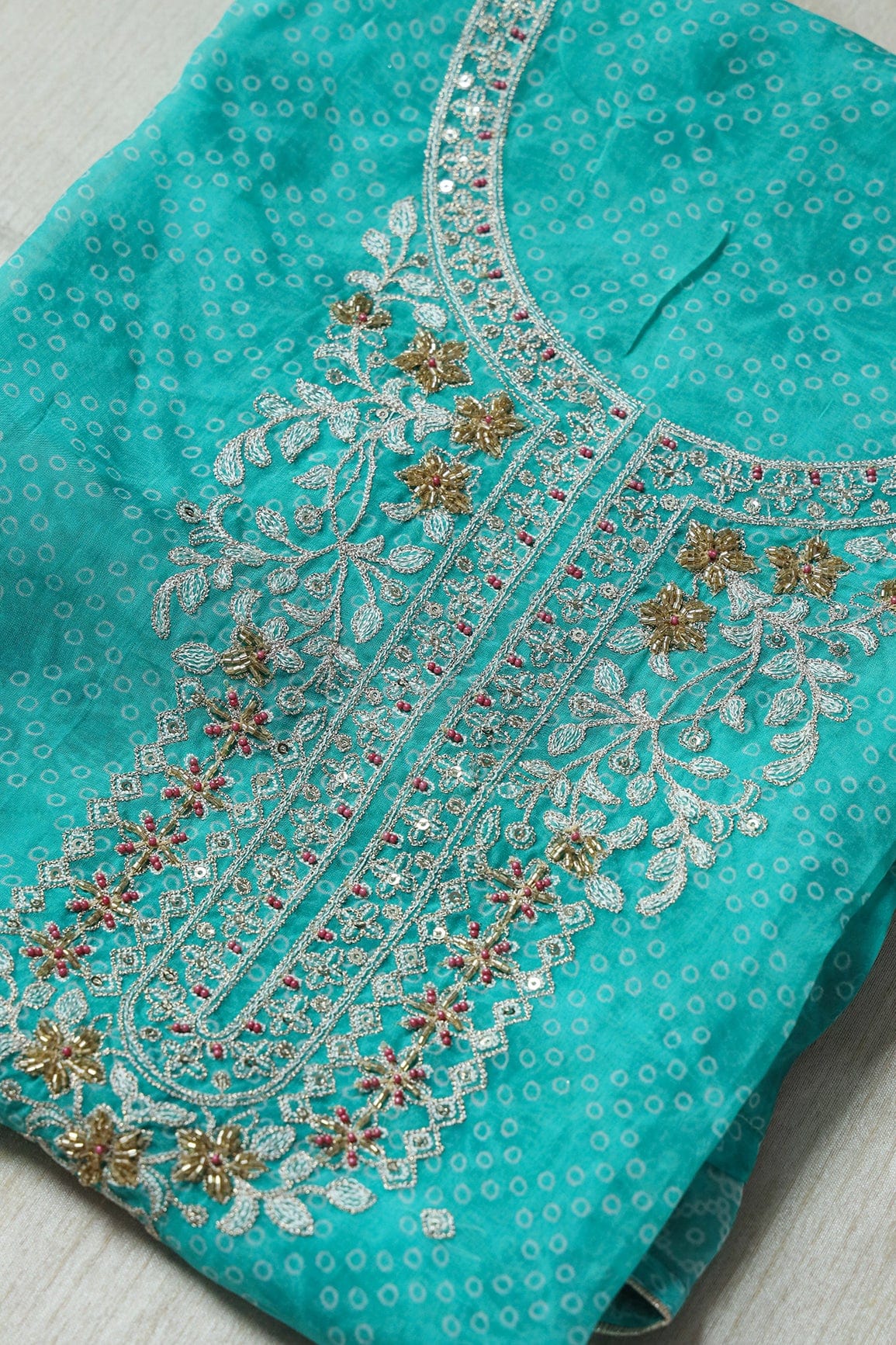 doeraa Semi Stitched Turquoise Semi Stitched Pure Organza Suit Set (3 piece)