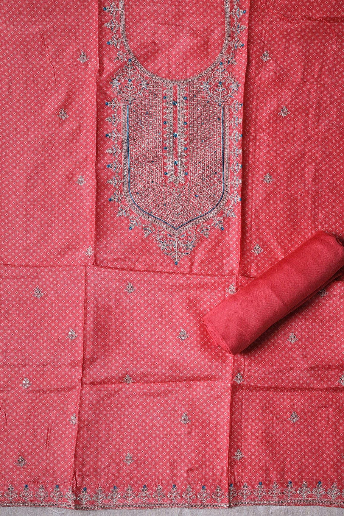 doeraa Semi Stitched Watermelon Pink Semi Stitched Pure Dola Silk Suit Set (3 piece)