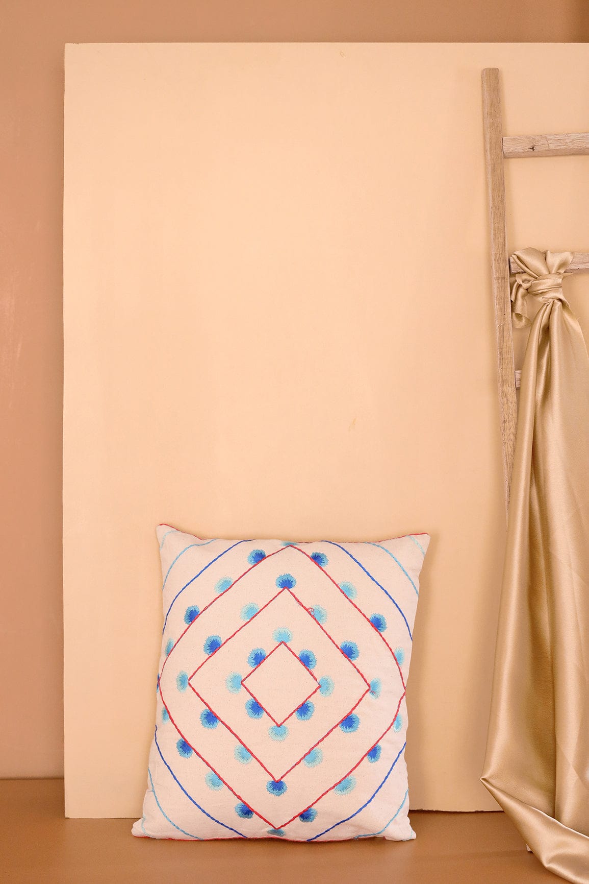 doeraa Subtle Blue Embroidery on Off White cotton Cushion Cover (16*16 inches)