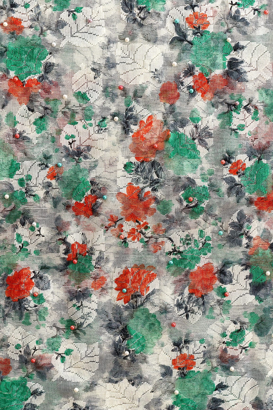Teal And Orange Floral Digital Print With Pearls On Net Fabric - doeraa