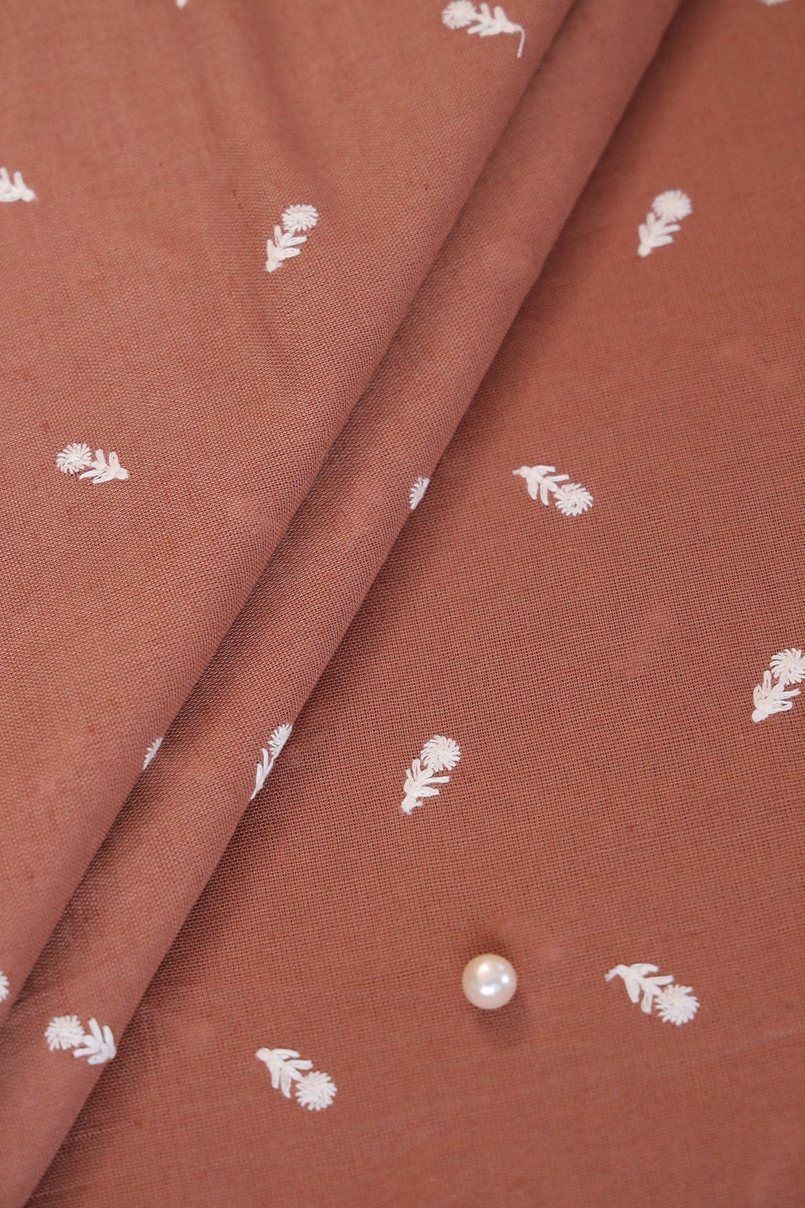 White Thread Small Floral Motif Embroidery Work On Brown Cotton Linen Fabric - doeraa