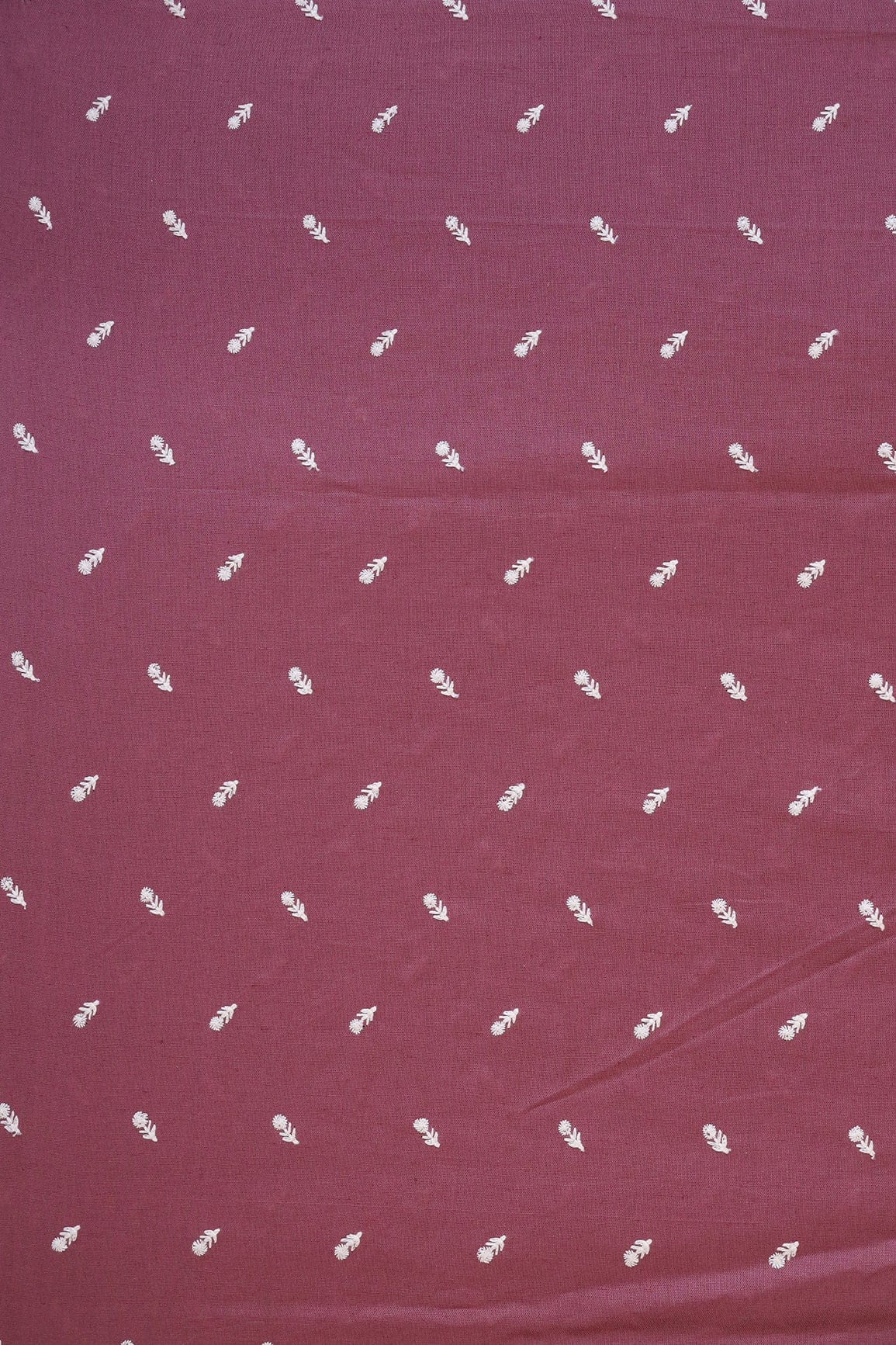 White Thread Small Floral Motif Embroidery Work On Dark Mauve Cotton Linen Fabric - doeraa