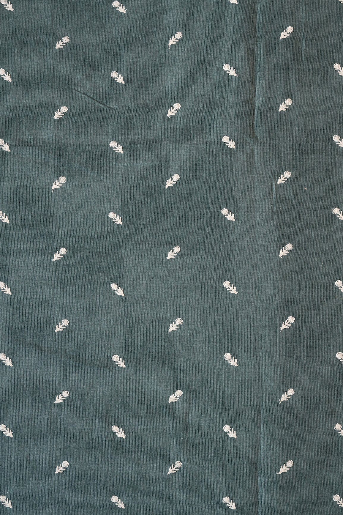 White Thread Small Floral Motif Embroidery Work On Dark Peacock Green Cotton Linen Fabric - doeraa