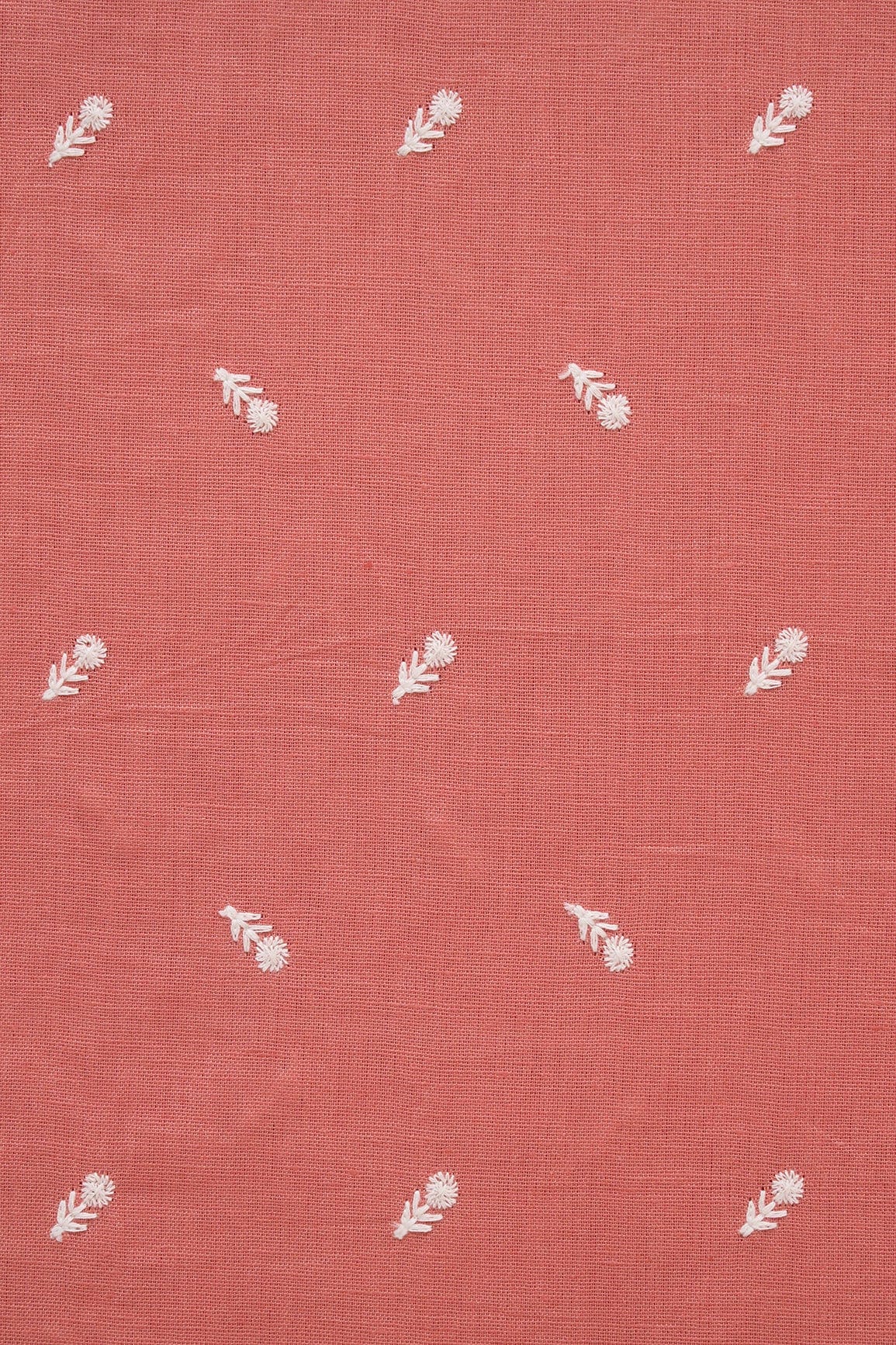 White Thread Small Floral Motif Embroidery Work On Peach Cotton Linen Fabric - doeraa