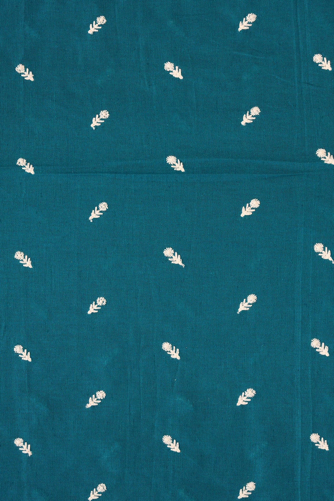White Thread Small Floral Motif Embroidery Work On Turquoise Cotton Linen Fabric - doeraa