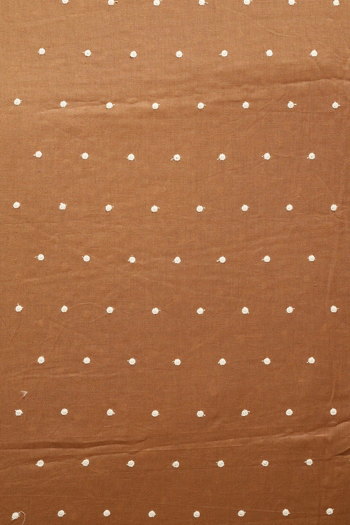 White Thread Small Polka Embroidery Work On Copper Brown Cotton Linen Fabric - doeraa