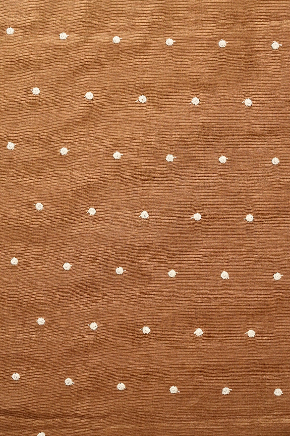 White Thread Small Polka Embroidery Work On Copper Brown Cotton Linen Fabric - doeraa